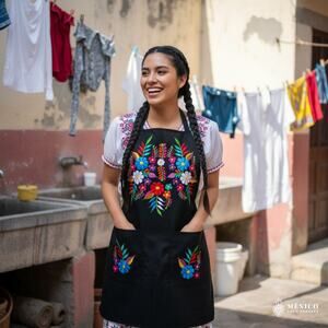 Mexican Embroidered Bib Apron for Women – Multicolor with Floral Design 21 X 31